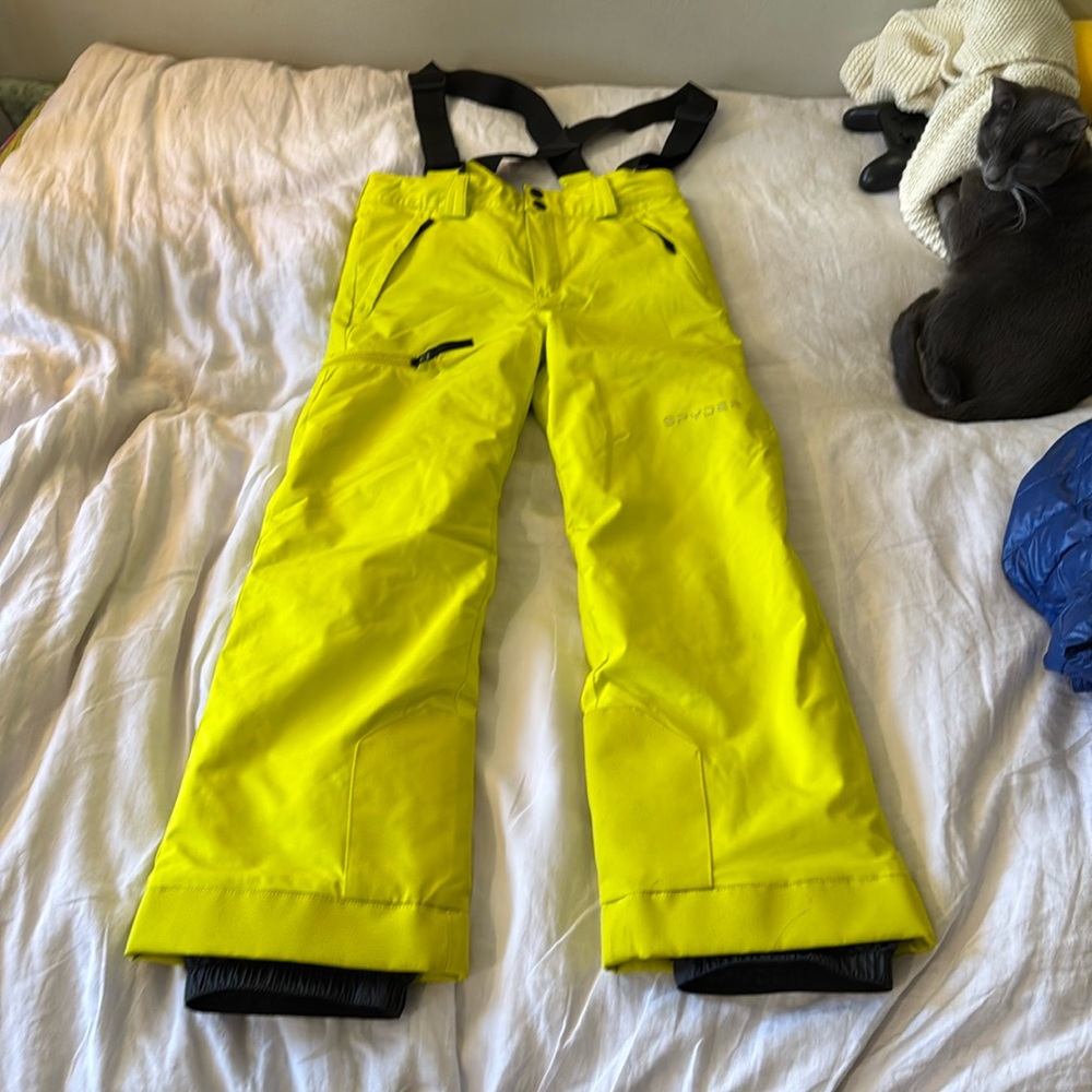Spyder kids size 14 snow pants, bright yellow snow bib, like new